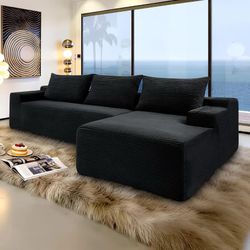 Black Corduroy L-Shaped Sectional Sofa with Extra-Deep Seat