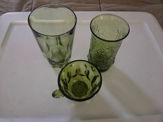 three vintage avocado green glassware pieces