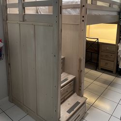 Solid wood twin loft bunk bed with desk and storage