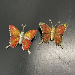 2 Vintage Brooch Butterfly Red Glitter Pin 1960