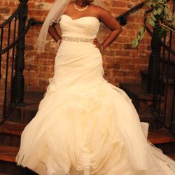 PRICE DROP- Strapless, ivory, wedding dress with rosettes; long beautiful train.