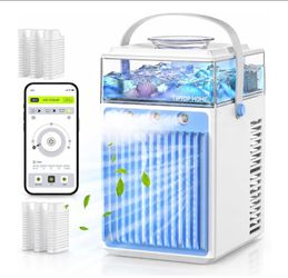 Portable Air Conditioners Cooling Fan: 5 in 1 Mini AC Fan with 800ML Water Tank App Control Evaporative USB Powered Rechargeable Personal Cooling for 