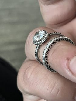 Authentic Pandora Sterling Silver Ring Set - Sparkling Halo & Eternity Band (Sizes 48 & 50)
