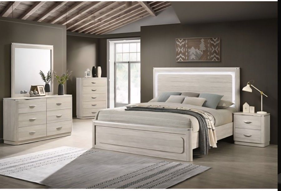 Bedroom Set 4 Pc Dusty Grey Finish, LED Light Headboard, New Especial Price 