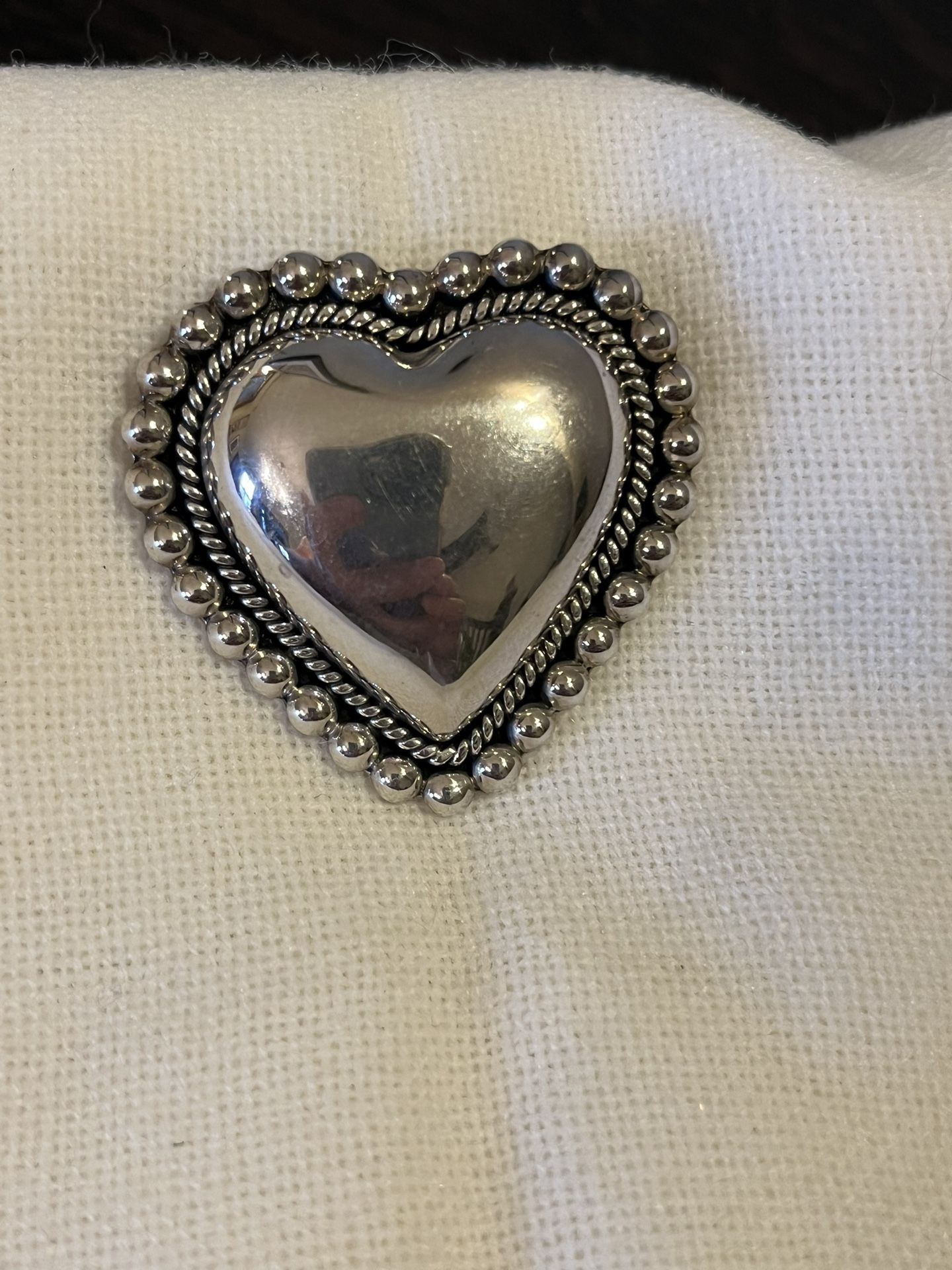 CII Puffy Heart 925 Mexico Silver Vintage Brooch Bead & Rope Outlined