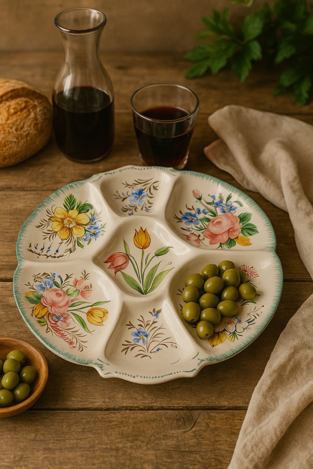 Nove Rosa Italy 1980s Hand-Painted Floral Divided Majolica Plate Platter, 13”