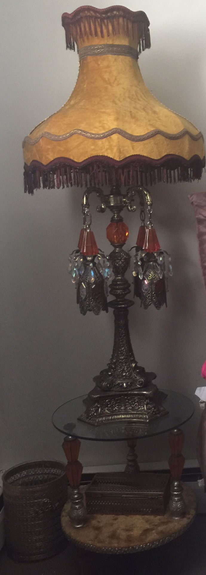 Very beautiful antique table lamp set very heavy metal very heavy and crystal table set $2500