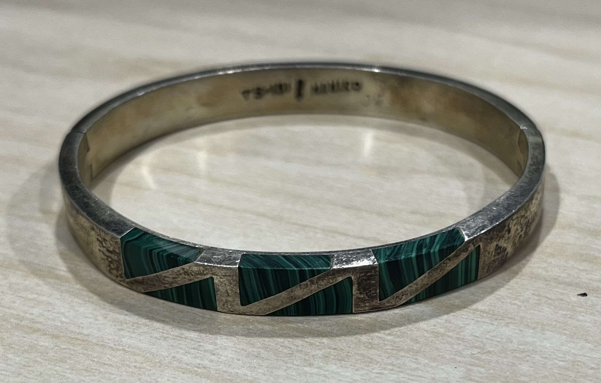 Vintage Taxco .925 Sterling Silver Malachite Inlay Bracelet Mexico