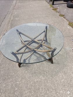 Vintage 1970s Round Cane Glass Coffee Table Tropical Tiki Palm Beach SoCal Hawaiian Boho Mid-Century Modern MCM Eclectic