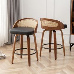 26" Swivel Rattan Bar Stools Set of 2,Mid-Century Modern Black Faux Leather Upholstered Counter Height Stools,Kitchen Island Barstool with Rattan Low 