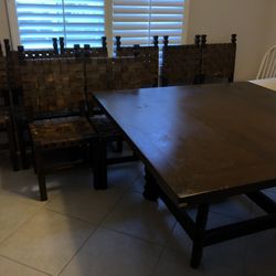 Large 8 Person Solid Wood Dining Table And Leather Woven Chairs