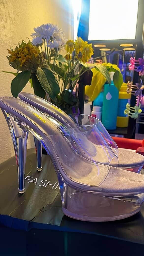 Fashion Nova Way Up PVC Mules Nude Heels