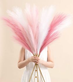 SeptCat 9 Pcs 45" Pampas Grass Tall Pink White Decor Faux Dried Fluffy Fake Long Light Pink Pompas Artificial Pompous Stems Bouquet Flower Vase Filler