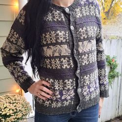 Vintage ALPS New England Fair Isle Grey Wool Cardigan Sweater Holiday Winter S