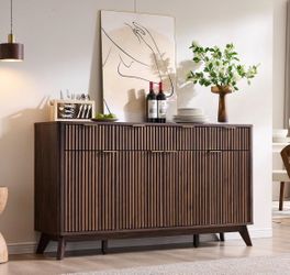 T4TREAM 60 Inch Fluted Buffet Sideboard Cabinet, Dark Walnut