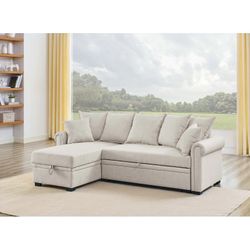 Pull-out sofa (84 inch, beige fabric) free pillows and sofa covers