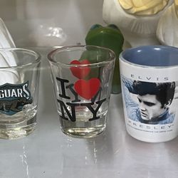 3 Collectible shot glasses I love New York Jacksonville Jaguars and Elvis Presley