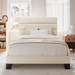 Allewie Twin Size Platform Bed Frame with Velvet Upholstered Headboard, No Box Spring Needed, Cream
