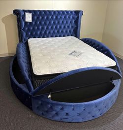 Blue black gray velvet round storage bed frame queen bed frame King Size Bed Frame Only $39 Down Payment 👉 PLEASE ASK FOR JON GREEN WHEN YOU ARRIVE!
