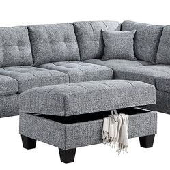 GRAY SECTIONAL SOFA DROP DOWN CUP HOLDER STORAGE OTTOMAN SILLIN SECCIONAL