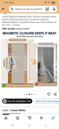 Blackout Magnetic Door Curtain Accordion Doors Interior Folding Closet Door Curtain Invisible for Bedroom Room Living Room Doorway, Cream White 42" W