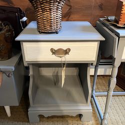 Beautiful refurbished grey solid wood nightstand with original hardware