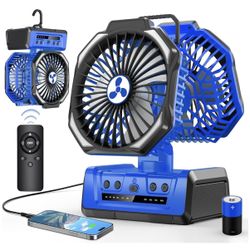 Dual Head Portable Rechargeable Fan 20000mAh Battery Powered Fan Camping Cordless with 360° Air Delivery, LED Lantern & Remote, Auto Oscillation, Batt