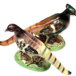 Vintage Pair Of Male & Female Japanese Porcelain Pheasants, Signed 