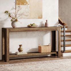 63" Console Table, Narrow 2-Tier Sofa Table Accent Entrance Console, RUSTIC BROWN