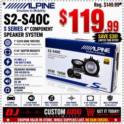 Alpine 4" Component Speaker System 4x6" Adapters 140 Watts S Series S2-S40C 🚨 Payment Options Available 🚨 No Credit Needed 🚨