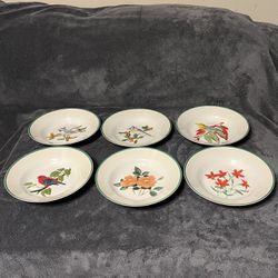 Vintage 2002 National Wildlife Federation Bird and Flower Rimmed Soup Bowls 8 in Set of 6.  