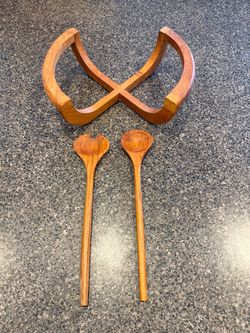 Vintage Dolphin Genuine Teakwood Serving Bowl Stand & Salad Utensils