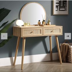 Woven Rattan Vanity Table with Mirror, Natural