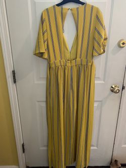 Sexy Romper: Yellow w/blue stripes - plunging neckline with open back - Size: Medium, Excellent condition-