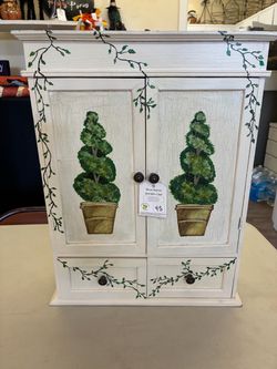 Hand-Painted White Wood Cabinet with Topiary Design