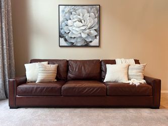 Pottery Barn Turner Square Arm Leather Grand Sofa w/ Dark Nailhead Trim