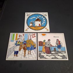 Set Of 3 Hand-painted Vintage Greek Ceramic Art Tiles, Wall Hanging Decor Or Coasters Featuring Greek Scenes, Folf Art The Thanos Collection 6" x 6"