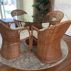 1960’s Vintage Rattan Cane 42” Table And 4 Chairs Dining Set 