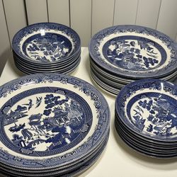 Churchill blue willow vintage plates (set of 33)