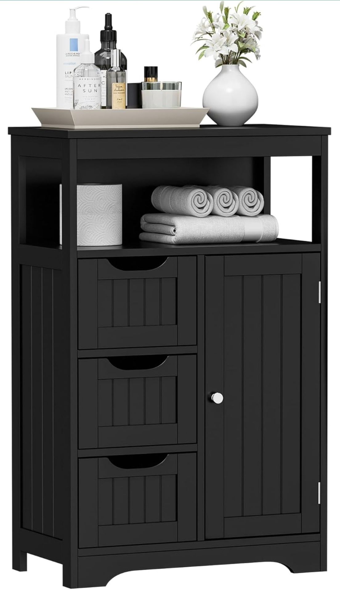 Bathroom Floor Cabinet, Storage Organizer with 3 Drawers and 1 Door, Free Standing Entryway Cupboard for Home Office (Black)