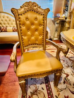 2 Gold Baroque Tufted Leather Armchair