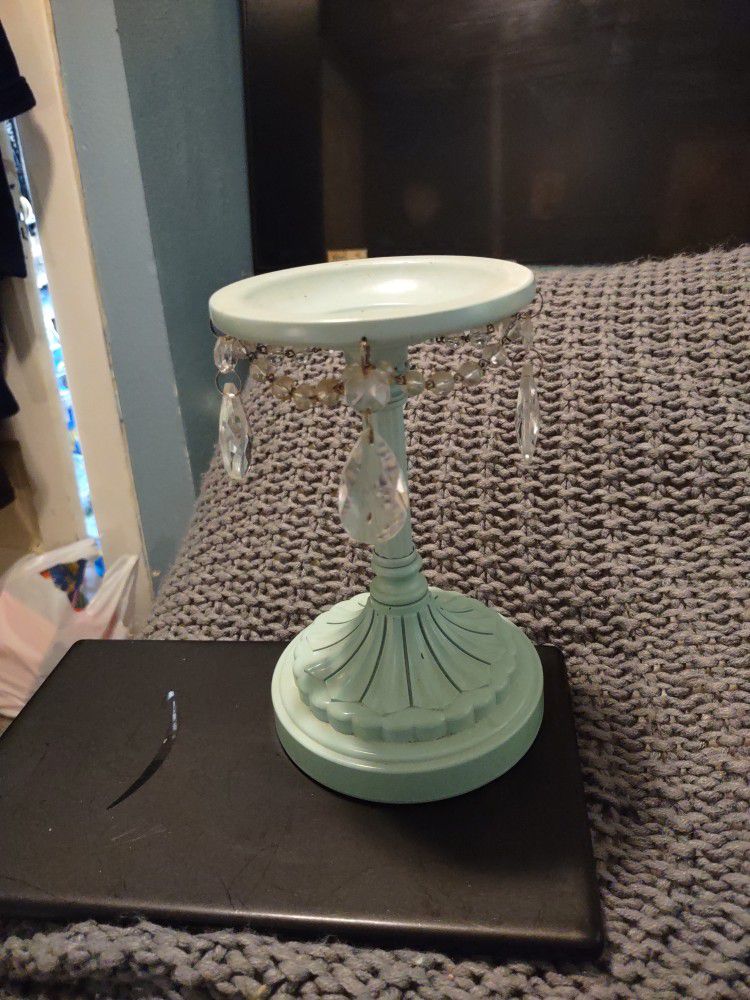 Light Teal Colored Candle Holder With Crystal Accents 