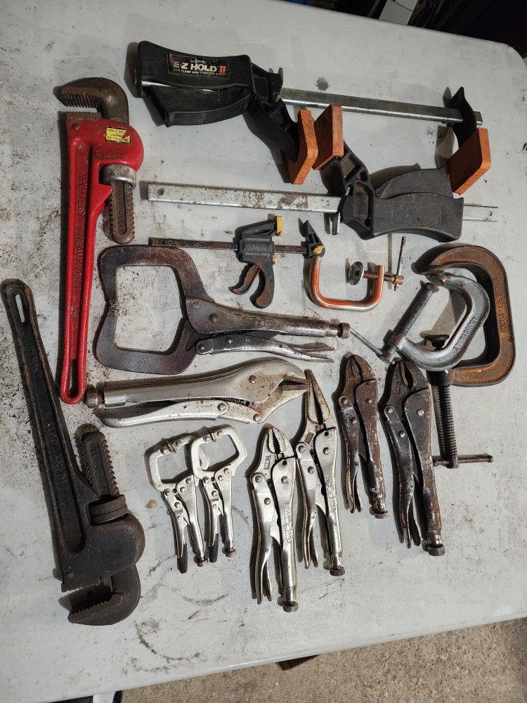 Vise grips, c clamps, 14" pipe wrenches, quick grip style clamps