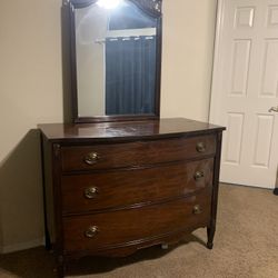 1940s Bedroom Set: Tall boy, Wide Dresser with Mirror, Nightstand, Headboard & Footboard (for Double Bed)