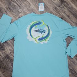 New Men's Reel Life Long Sleeve Dry Fit Aqua Blue Fishing Shirt Size Large