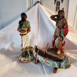 1980 Homco Indian Pair With Papoose & Canoe