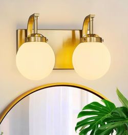 2 Lights Bathroom Vanity Light Fixtures Modern Gold Vanity Light with Milk White Glass Globe Shade Bathroom Lighting Over Mirror Wall Sconce for Bedro