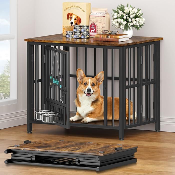31" Dog Crate Furniture Foldable, No Assembly Decorative Dog Kennel Indoor, Dog Crates for Medium Dogs(20-35 lb), Wooden Dog Cage with Adjustable Bowl