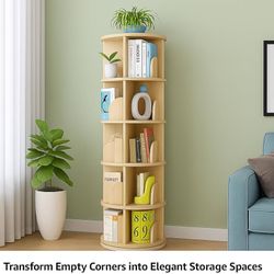 Solid Wood Rotating Bookshelf, 5-Tier 360° Spinning Bookcase Tower, Stackable Adjustable Book Shelf Organizer for Small Spaces, Corner Standing Storag