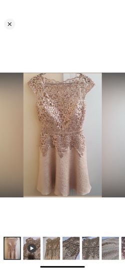 Badgley Mischka size 6 tweed lace sequin rose gold ivory cream beige dress
